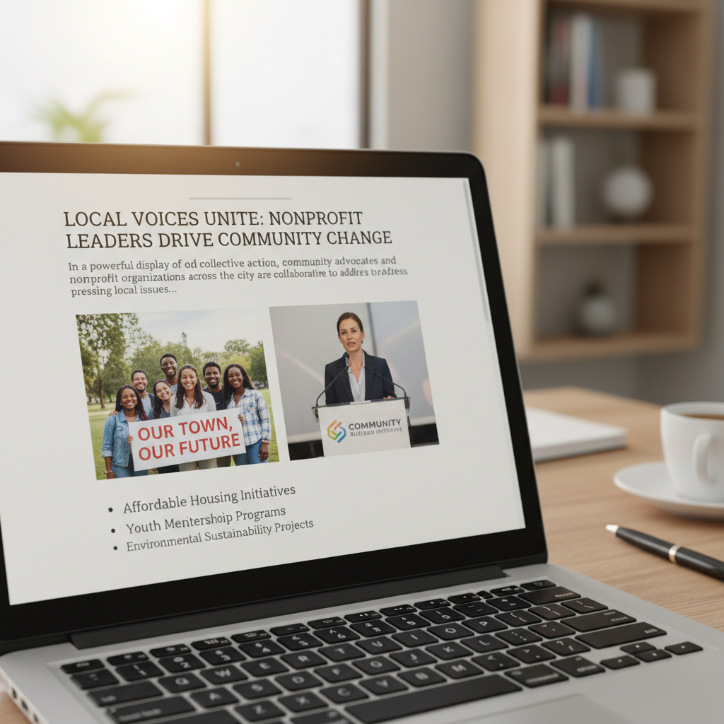 Digital news publication on a laptop screen showing an article with photos about community advocacy and nonprofit leadership