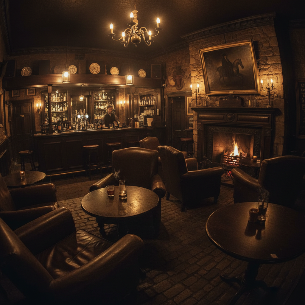 Elegant London interior with dark walls, leather armchairs, warm directional lighting, sophisticated private club atmosphere