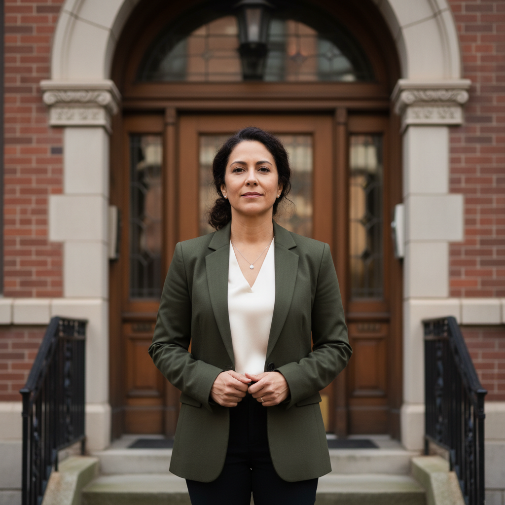 Latina woman in her 40s standing in the doorway of her apartment building, looking calm and resolute
