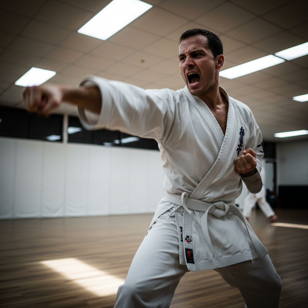 Karateka mid-kiai, fist extended in oi-zuki, gi snapping with motion blur against industrial dojo ceiling lights