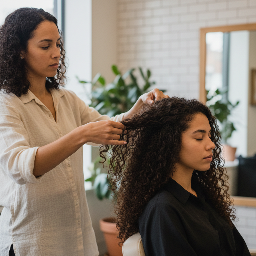 Stylist consultation with client examining hair texture and natural curl pattern