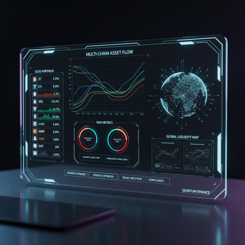 Futuristic AI interface with trading algorithms and data visualization
