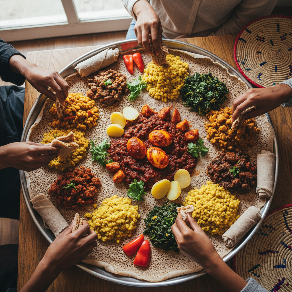Large Ethiopian mesob platter with injera and multiple stew dishes arranged in a communal basket