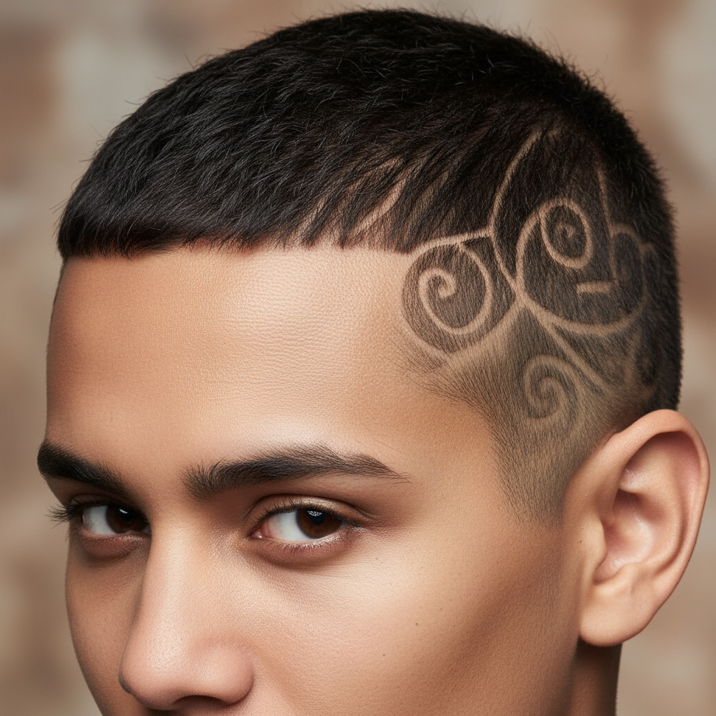 Intricate hair design pattern shaved into the side of a man's head, geometric and detailed barbershop artistry