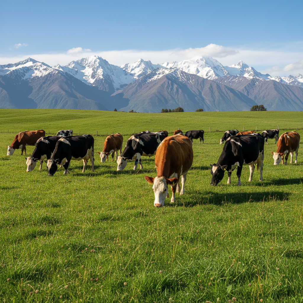 Vacas lecheras en pastizales verdes de la Hacienda La Colpa con montañas andinas de fondo