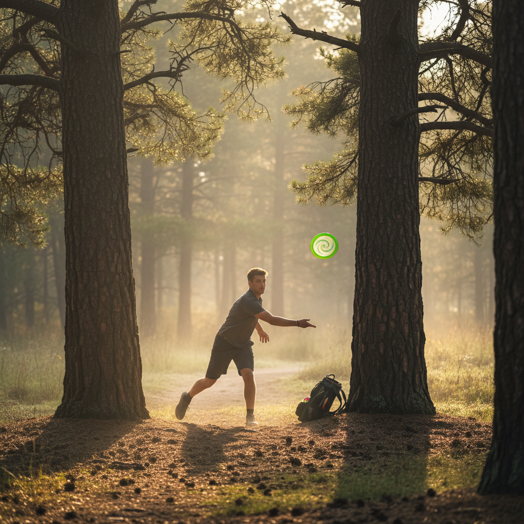 Disc golfer releasing a forehand hyzer through a gap in the pine trees at dawn