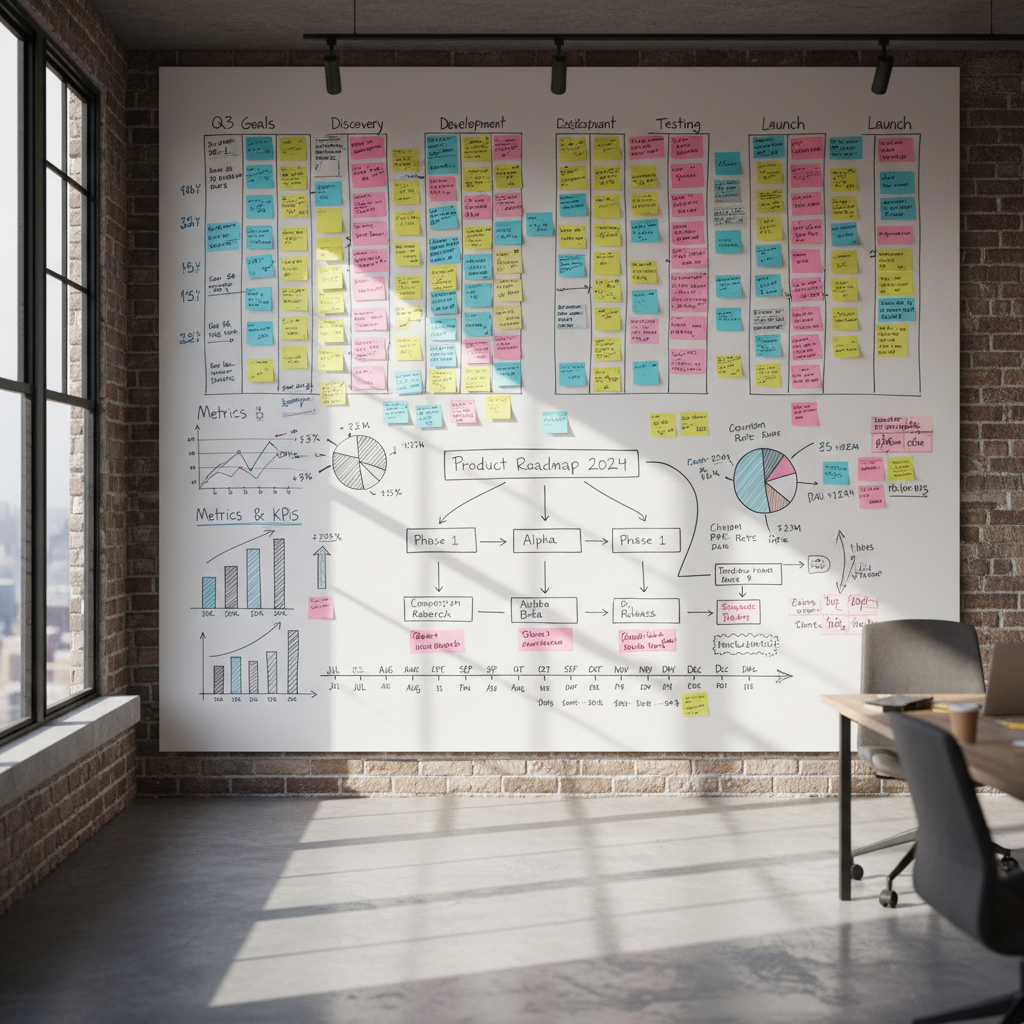 Whiteboard covered in sticky notes, metrics and product roadmap diagrams in a co-working space