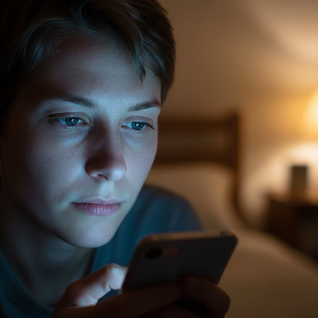 Close-up of person looking thoughtfully at phone screen in low light