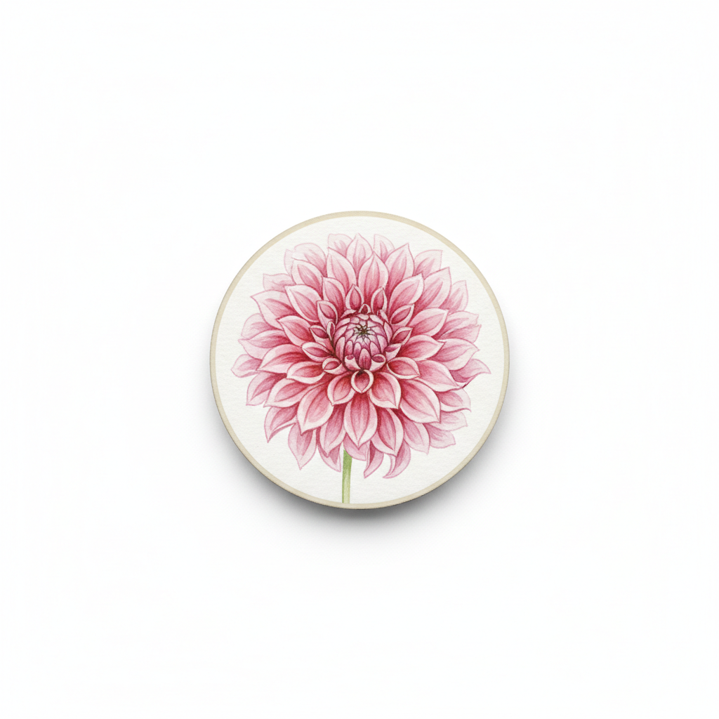 Soft pink dahlia botanical illustration miniature art print magnet