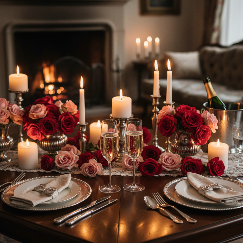 Romantic anniversary dinner, candlelit table with roses, champagne glasses, warm intimate restaurant setting