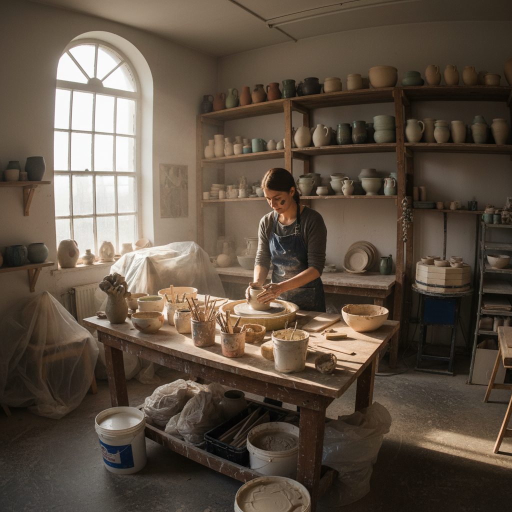 Ceramics artist surrounded by clay work and pottery equipment in a storage space