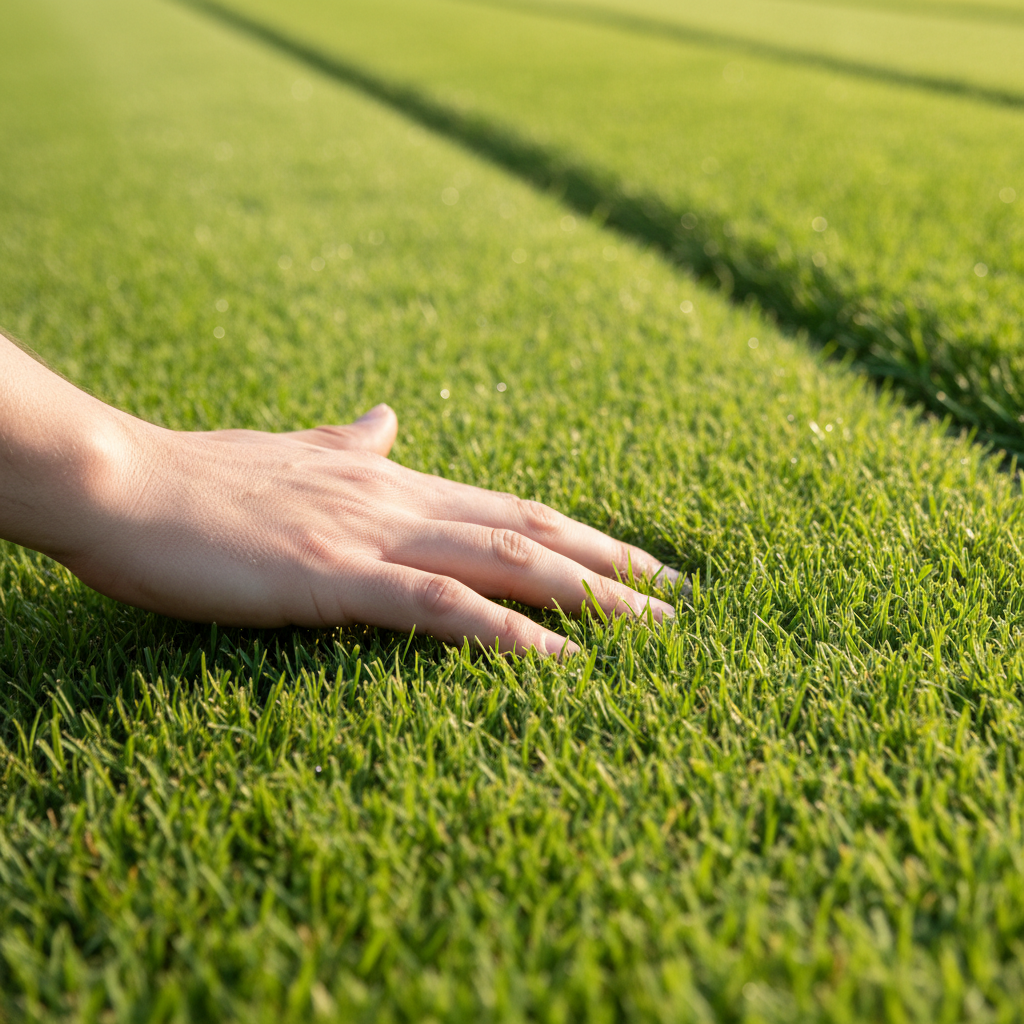 Close-up of a hand running across dense, freshly striped kikuyu lawn with ruler-straight edges