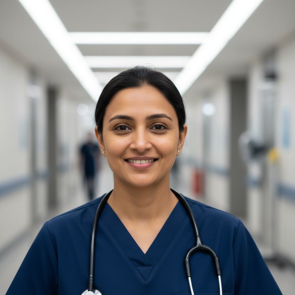 South Asian woman in scrubs, smiling gently in a hospital corridor
