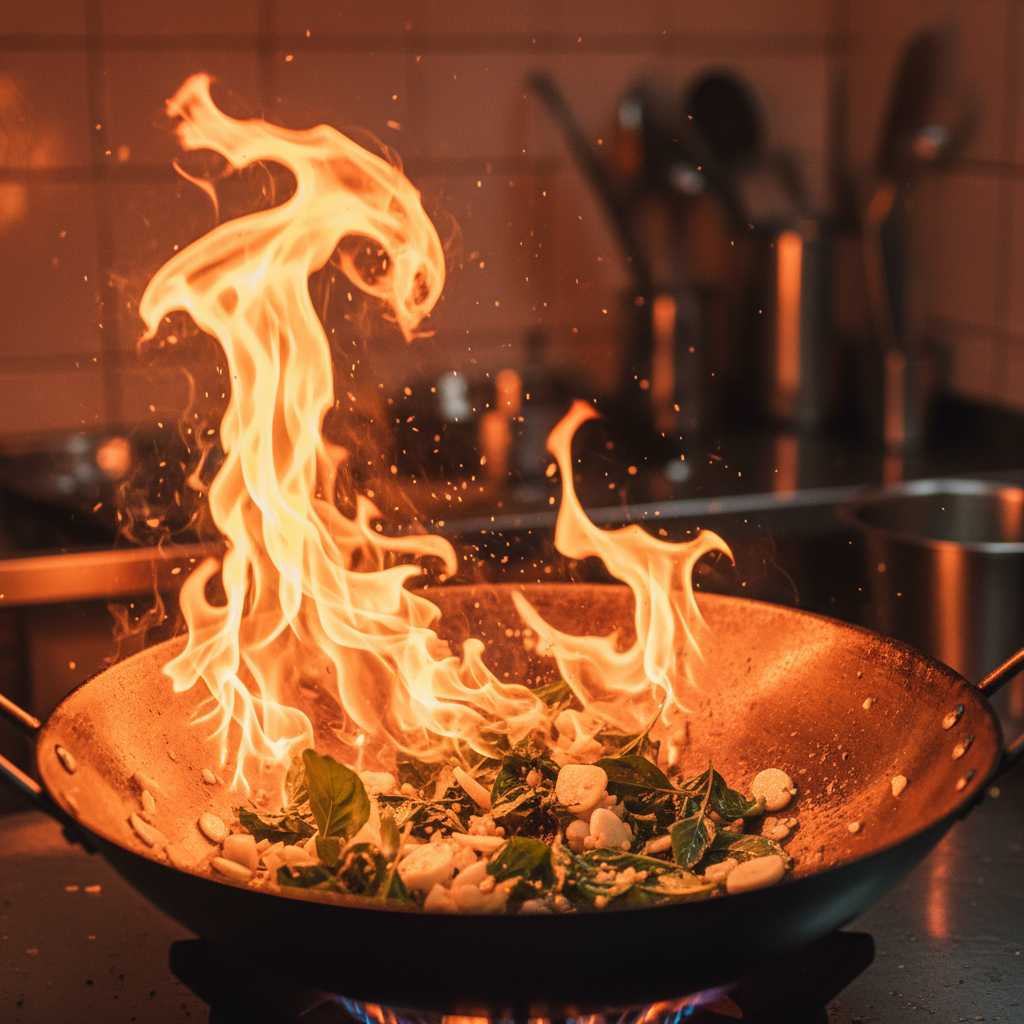 Wok flame licking garlic and holy basil in a screaming-hot carbon steel wok