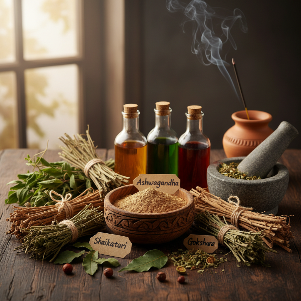 Ayurvedic herbs and oils arranged on wooden surface with candles