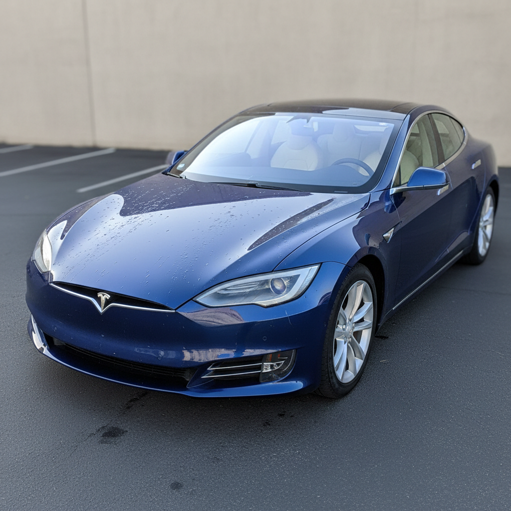 Black Tesla Model S with water spots, dull finish, visible scratches under direct sunlight, flat matte appearance