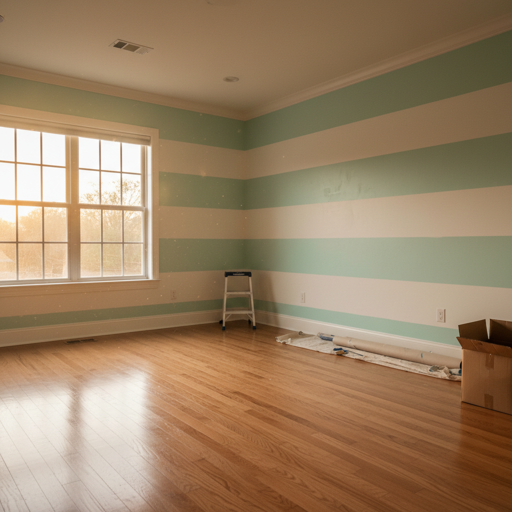 Clean organized empty room with warm sunlight streaming through windows, fresh open space ready for use