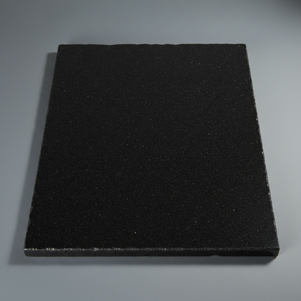 Absolute black granite specimen shot flat showing uniform deep black surface with subtle crystalline structure