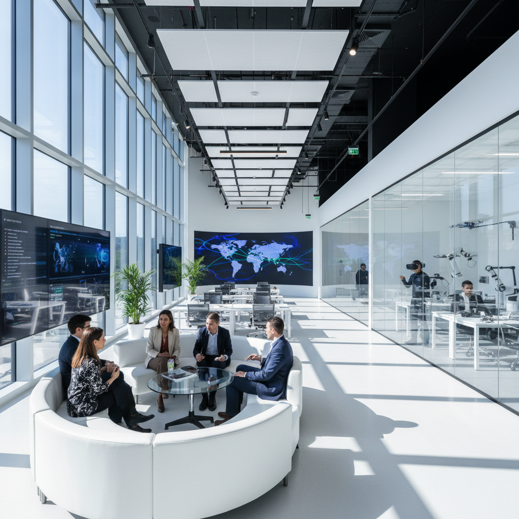 Modern technology office with glass walls and employees collaborating at standing desks