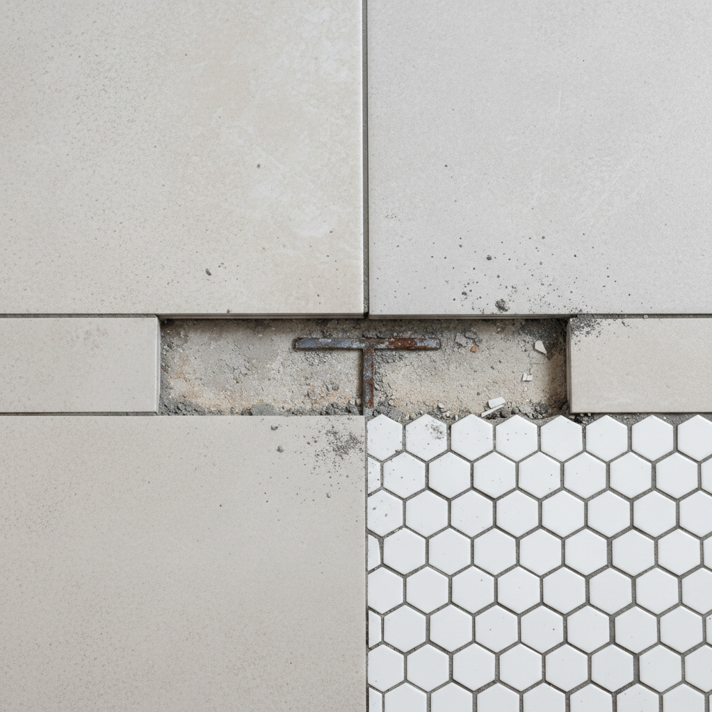 Bathroom tile grout void at floor threshold showing incomplete installation