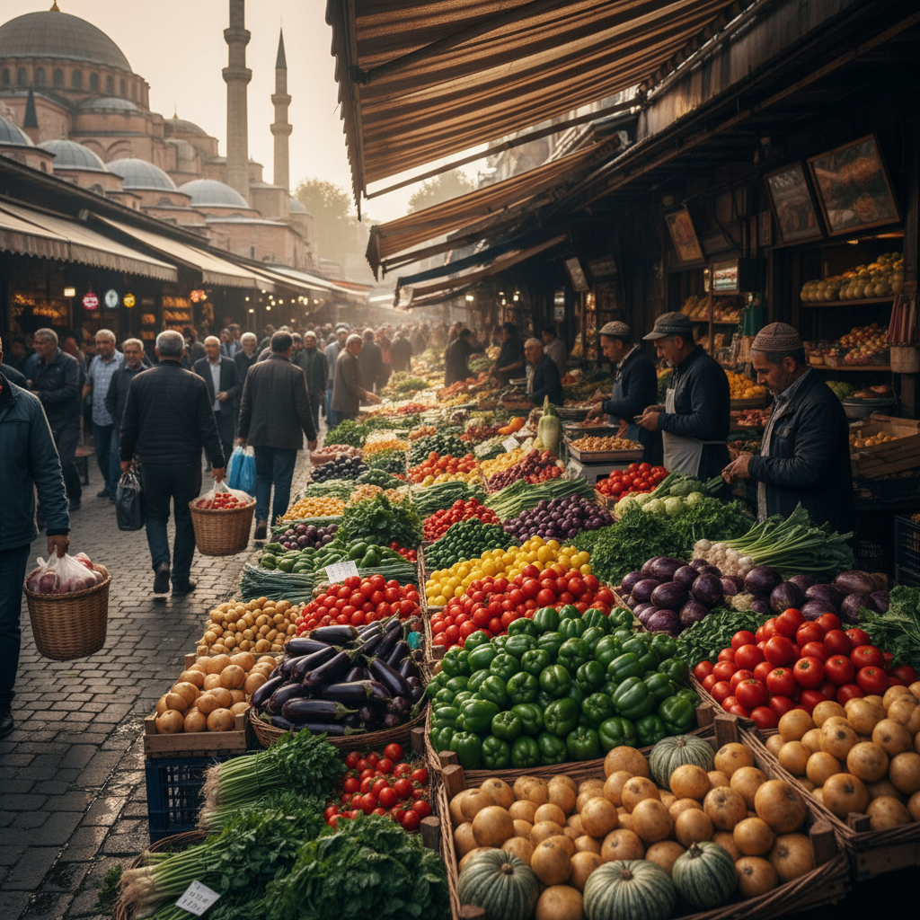 Wide shot of a colourful Istanbul produce market with stacks of fresh vegetables