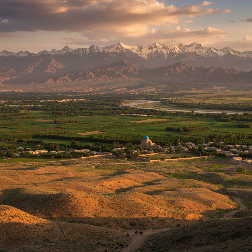 Panoramic Kashmir landscape with snow peaks, alpine meadows, pine forests and mountain river, dramatic wide angle view