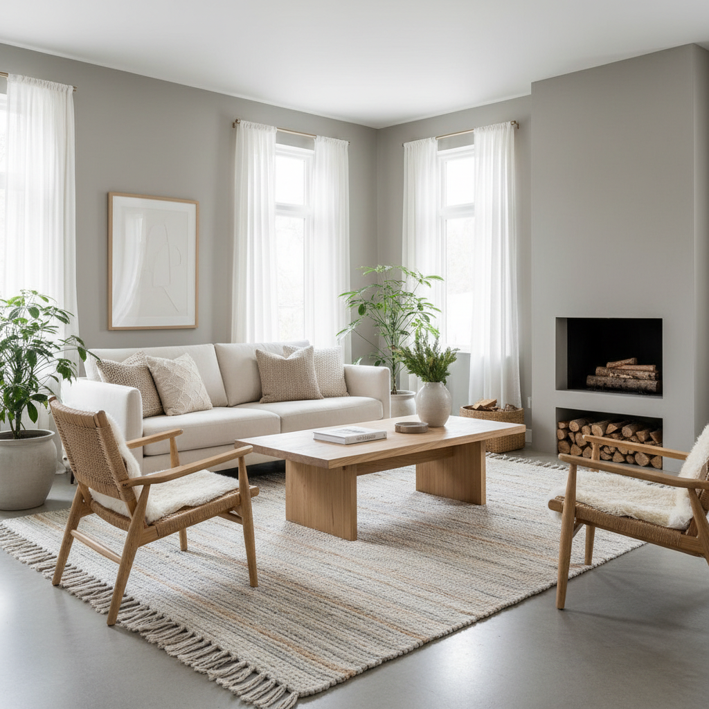 Luxurious Scandinavian living room interior with dark wood furniture, warm lighting, and minimal decor in moody dim setting