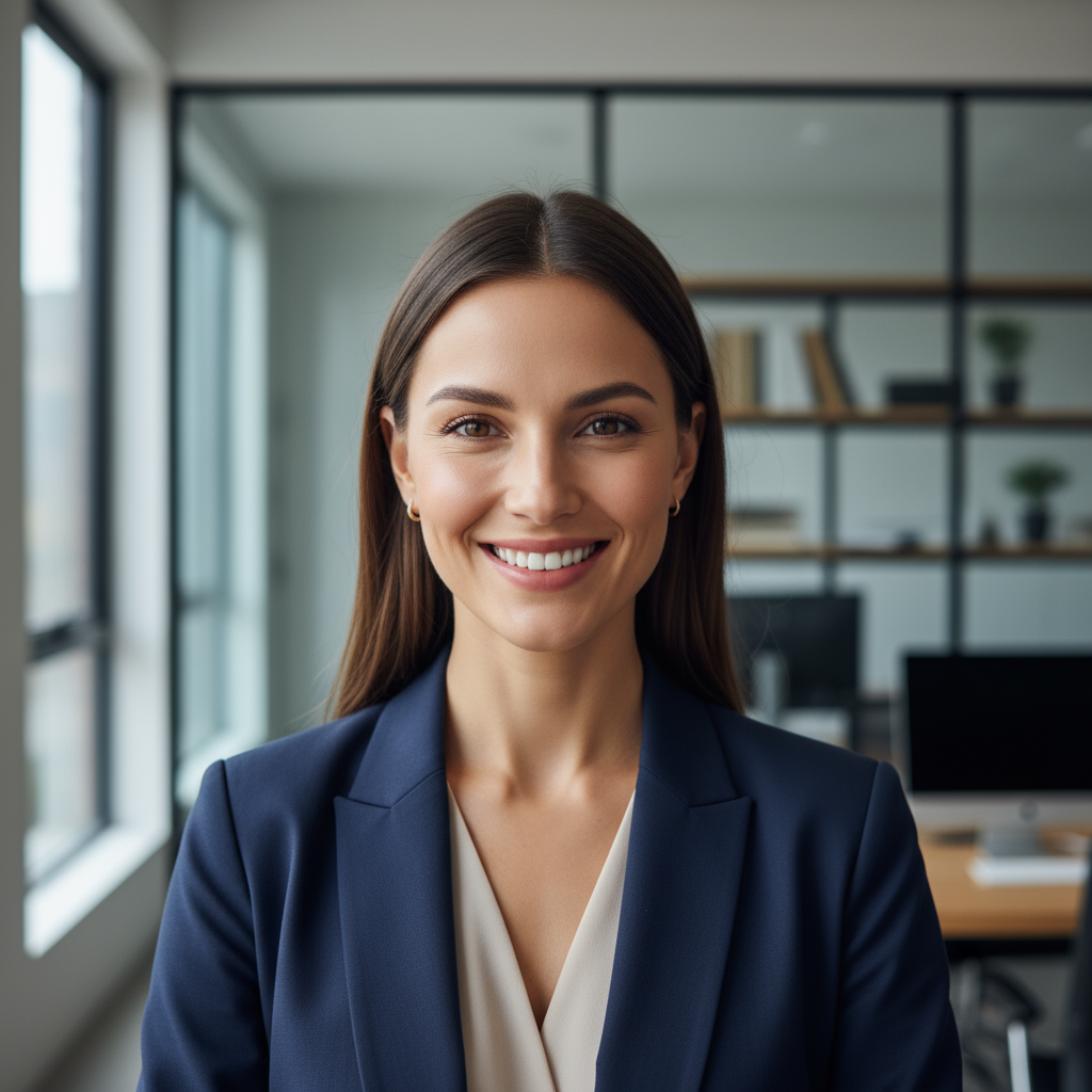 Professional designer with glasses in navy blazer in contemporary design office