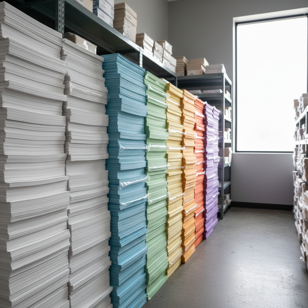 Stacked reams of white and colored cardstock paper in a supply room