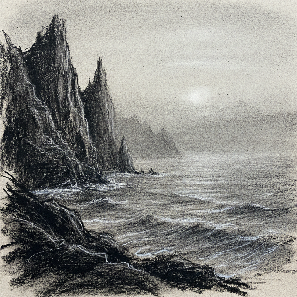 Charcoal and chalk harbour scene at dusk with moody atmospheric shadows