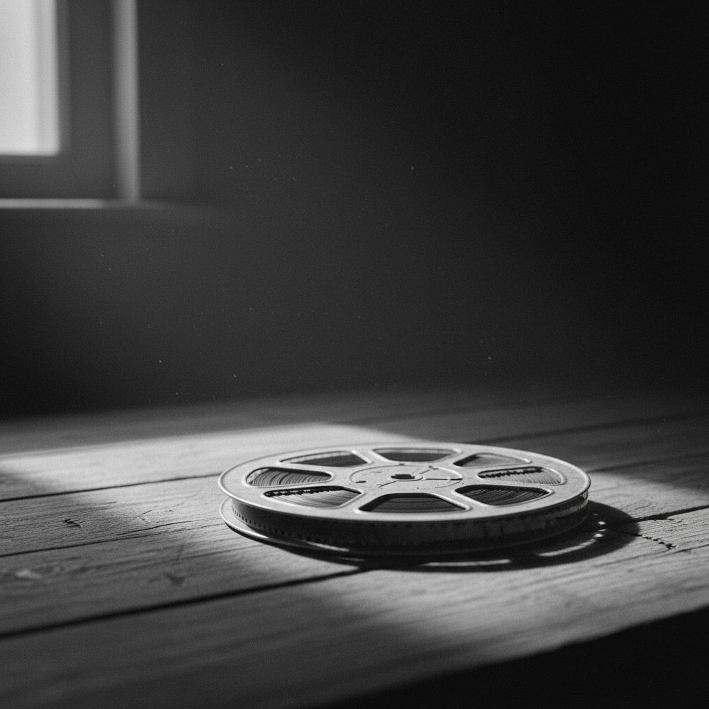Black and white film reel on a wooden surface in a dark room