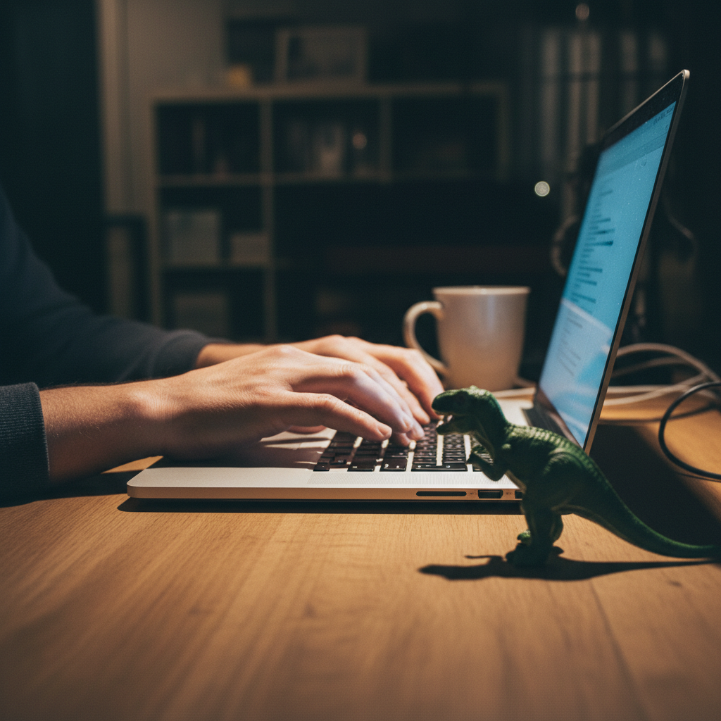 Parent's hands typing on a laptop keyboard late at night, a small toy dinosaur visible at the edge of the desk