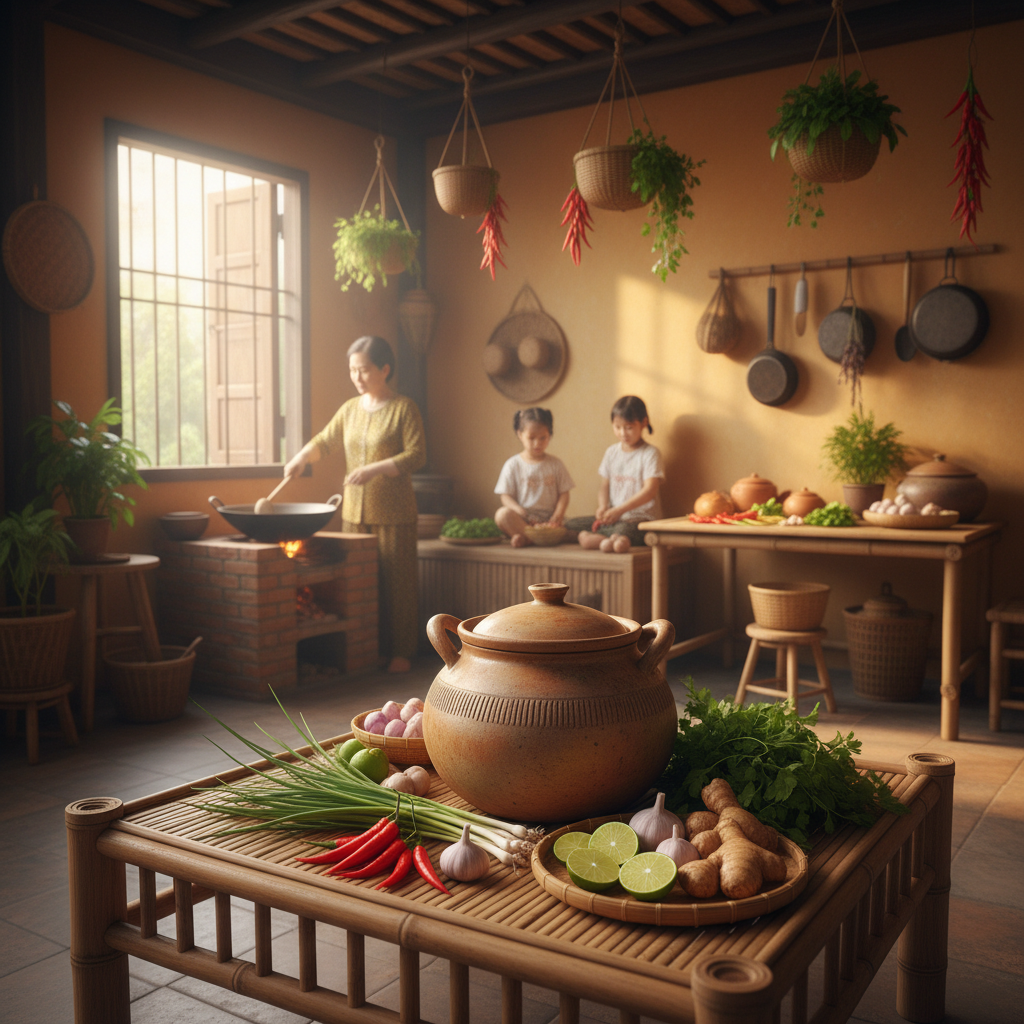 Sepia photo of a Vietnamese family kitchen with a clay pot and fresh ingredients on bamboo table