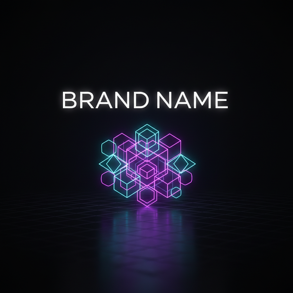 Abstract glowing geometric shapes on deep black background, neon gold and violet light, cinematic darkness