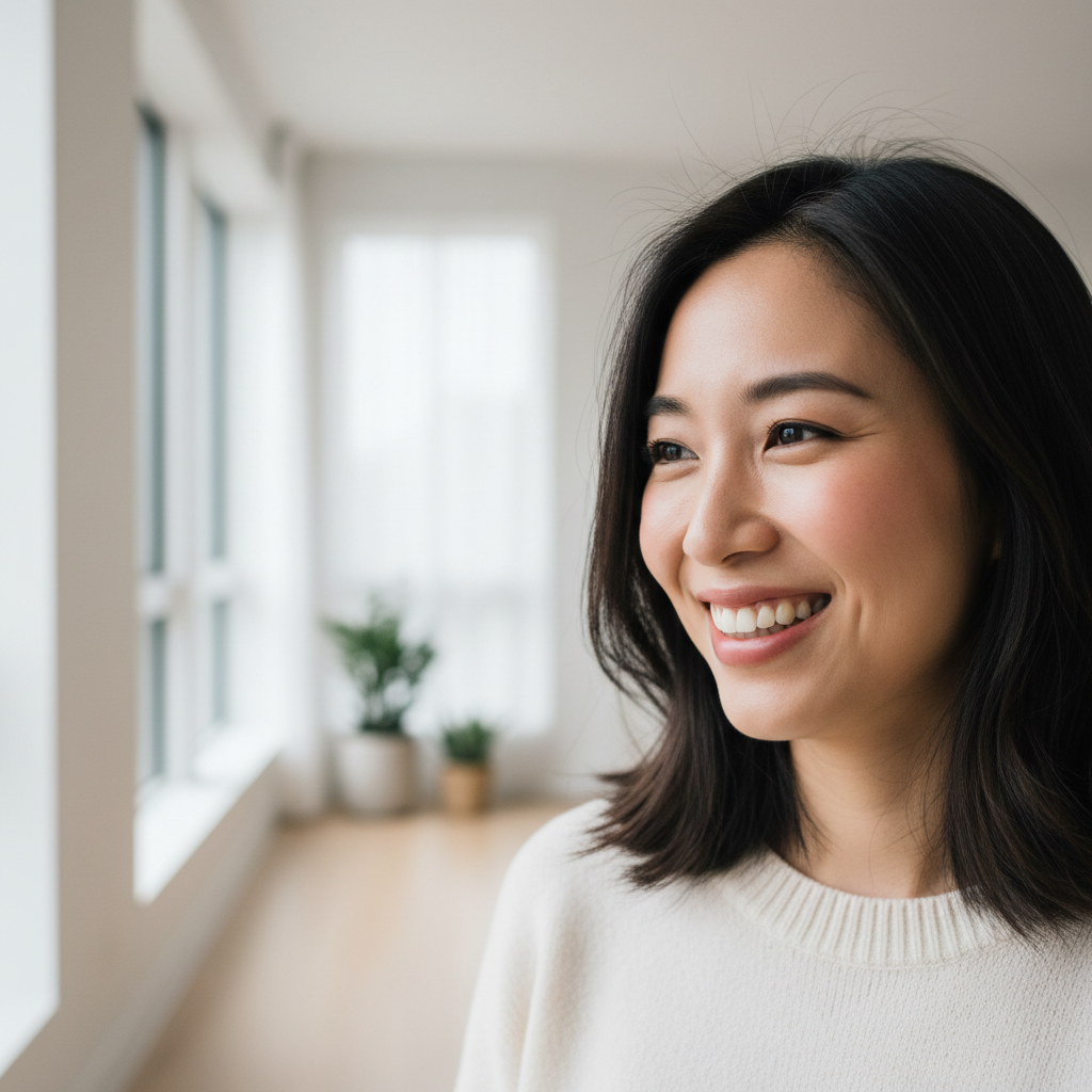 Portrait of Sofia Chen, a woman with a relaxed smile in a bright airy apartment setting