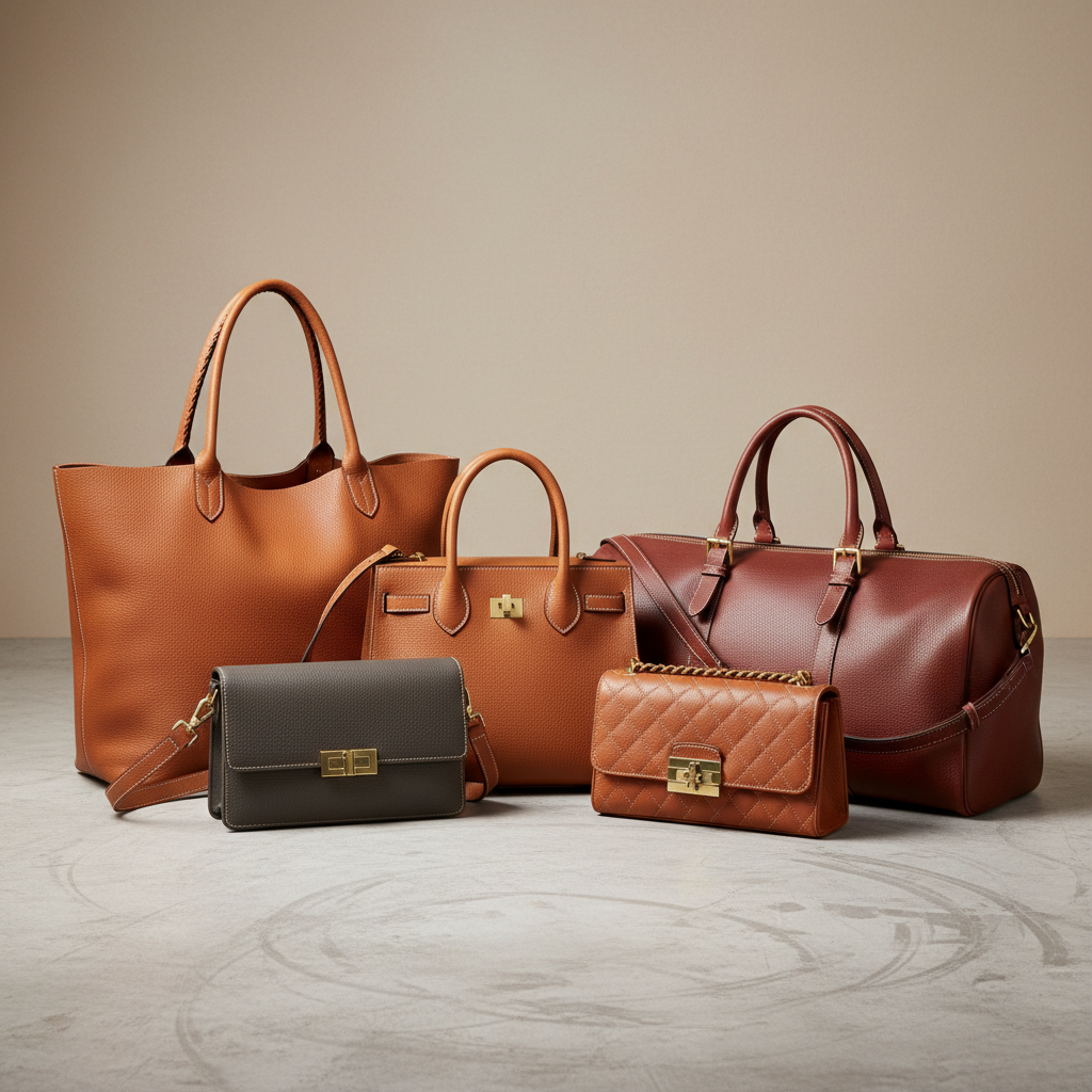 Curated collection of leather bags, belts and accessories in warm caramel and tan tones on dark surface