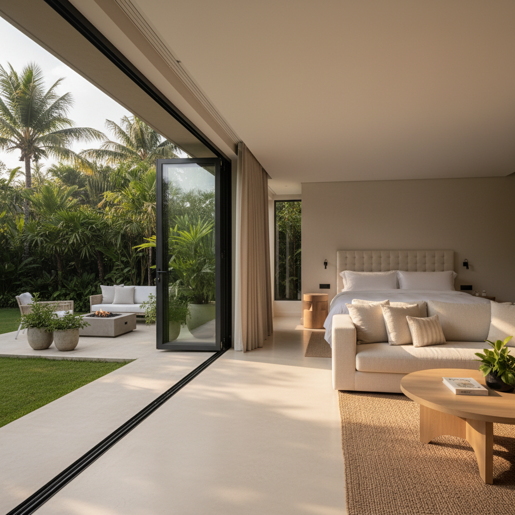 Garden pavilion suite with private terrace, manicured Mughal garden view, bright natural light, white marble floors
