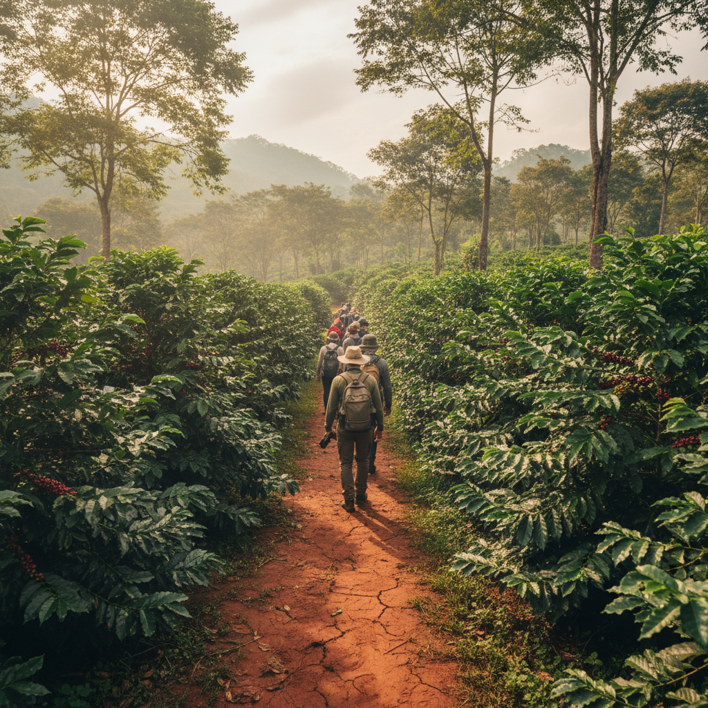 Travelers walking single file along narrow red-dirt path between rows of coffee plants