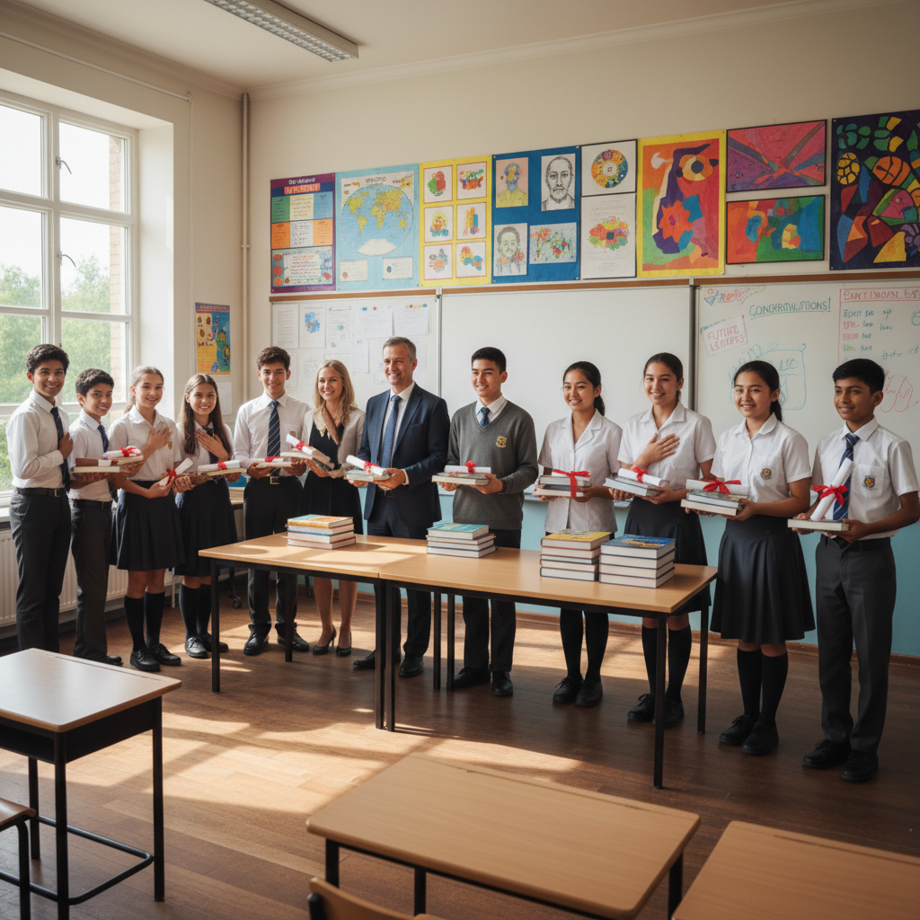 Students receiving scholarship certificates and books from trust members, happy classroom scene