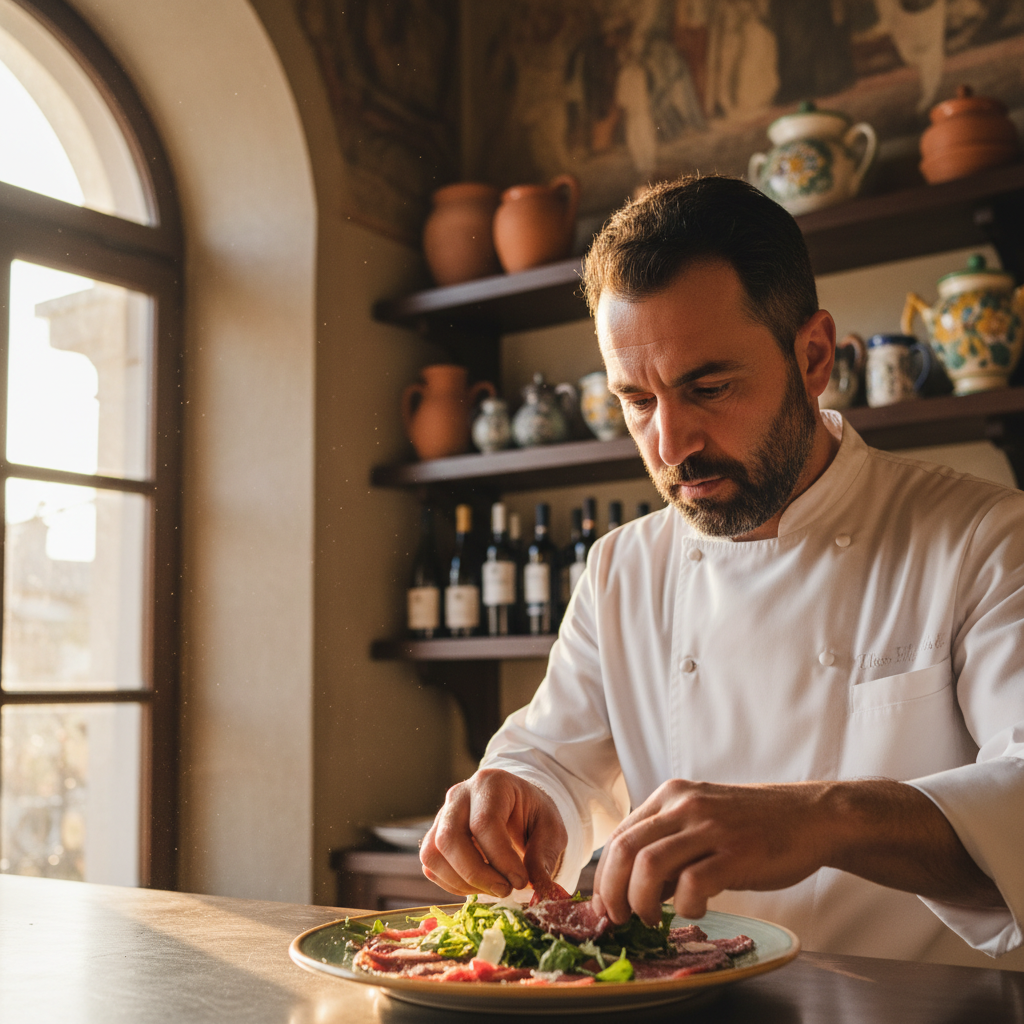 Chef Marco Bellini in his Florence restaurant, focused on preparing a traditional Florentine dish