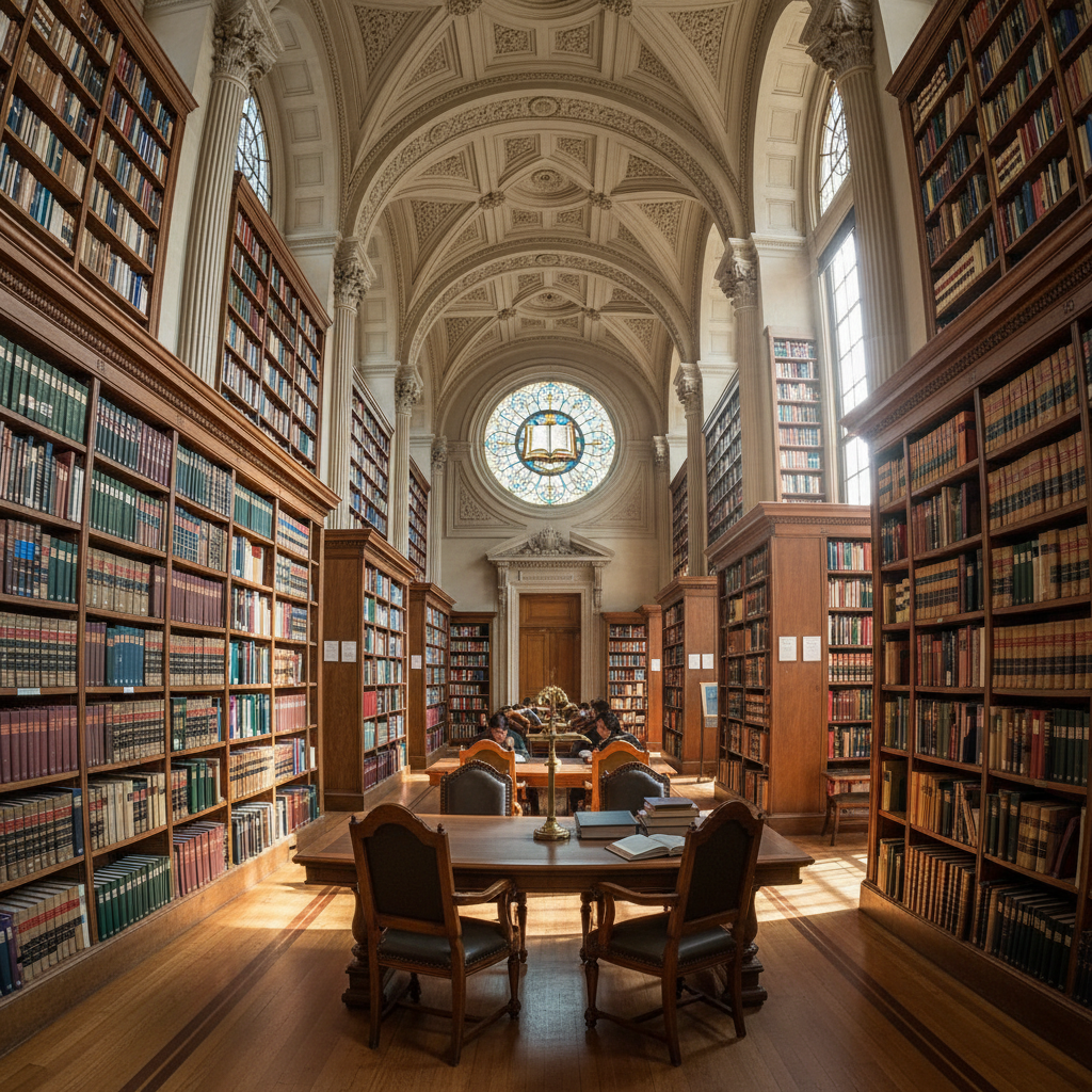 Classic law library with rows of leather-bound legal volumes — justice and knowledge