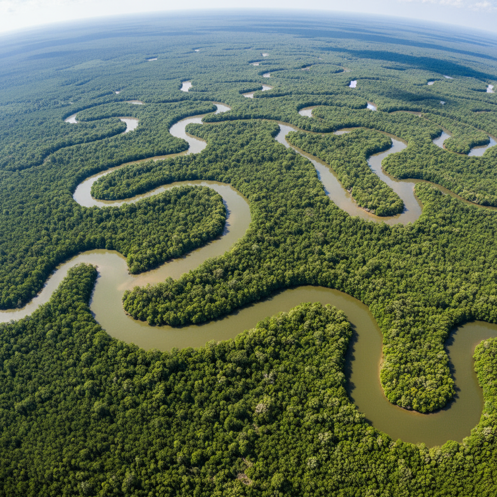 Sundarbans mangrove forest with boat on river and dense green canopy