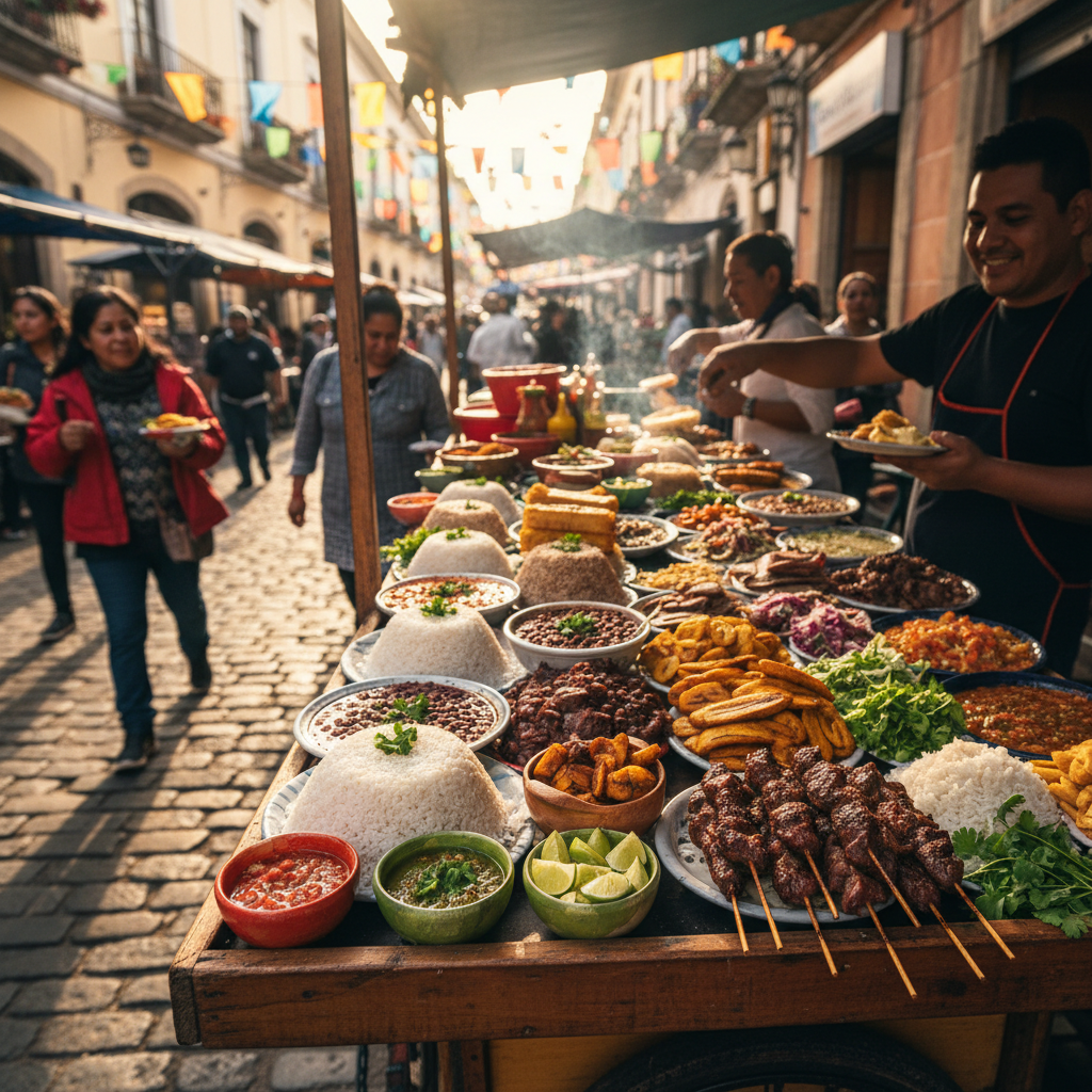 Caribbean street food spread with jerk chicken and tropical sides