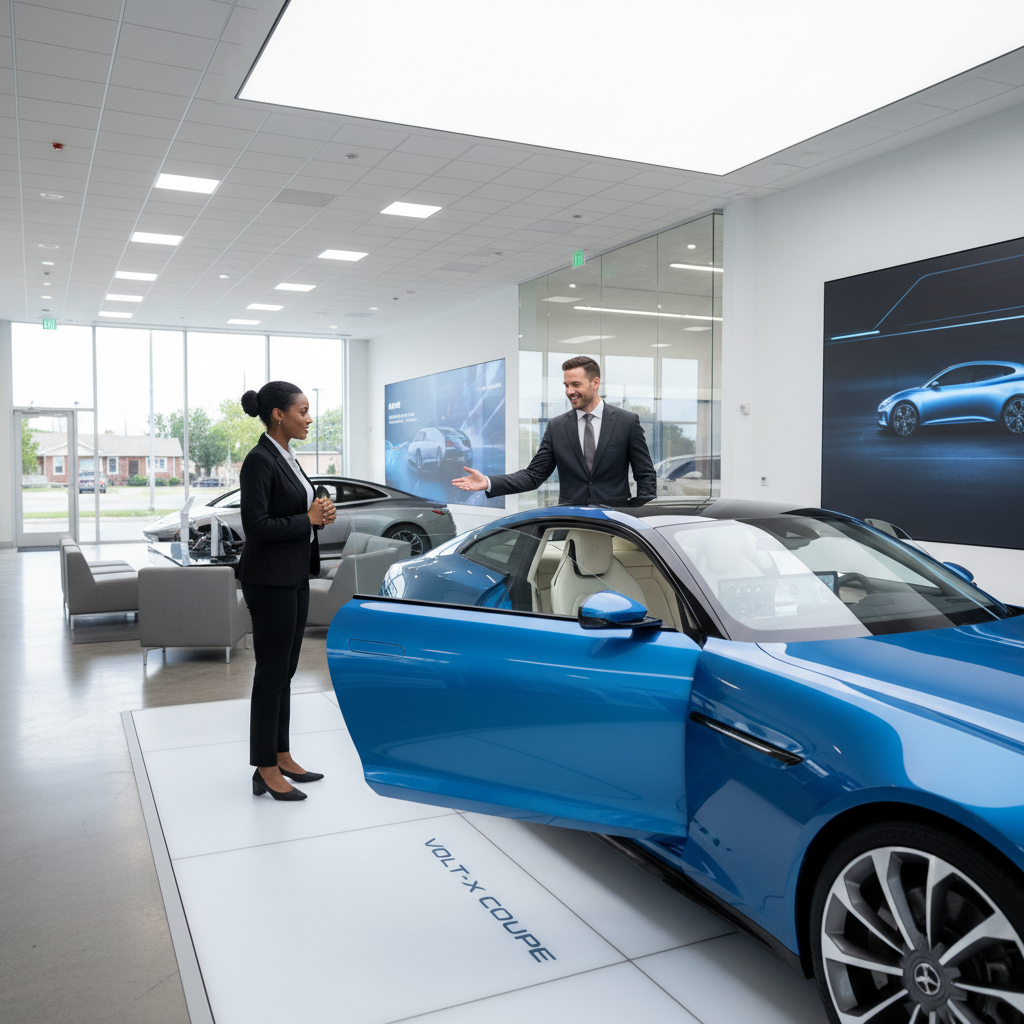 Car salesperson showing a customer a new vehicle at a US dealership showroom in 2026
