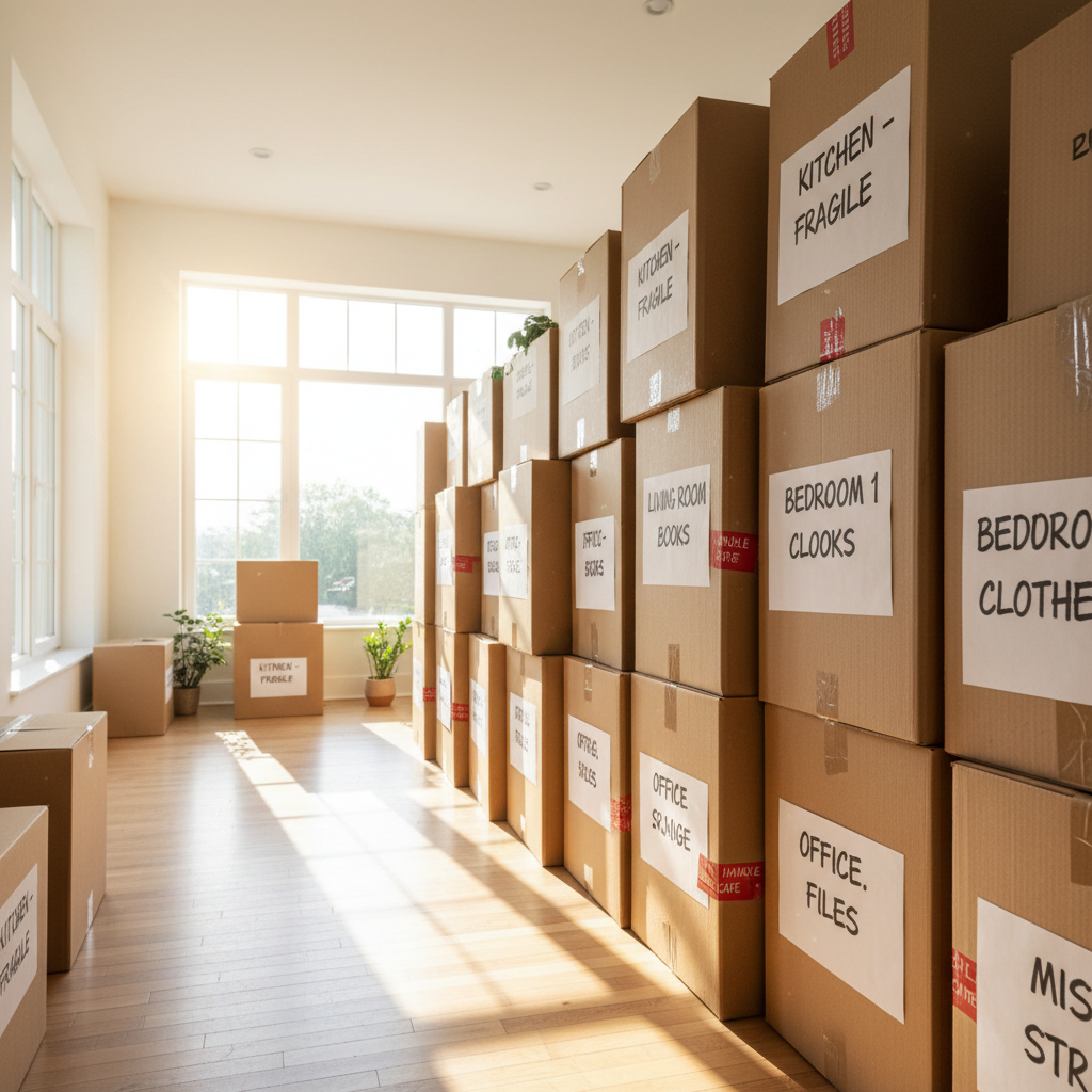 Organized moving boxes stacked neatly in a bright San Francisco living room, clean hardwood floors, morning light, calm and orderly