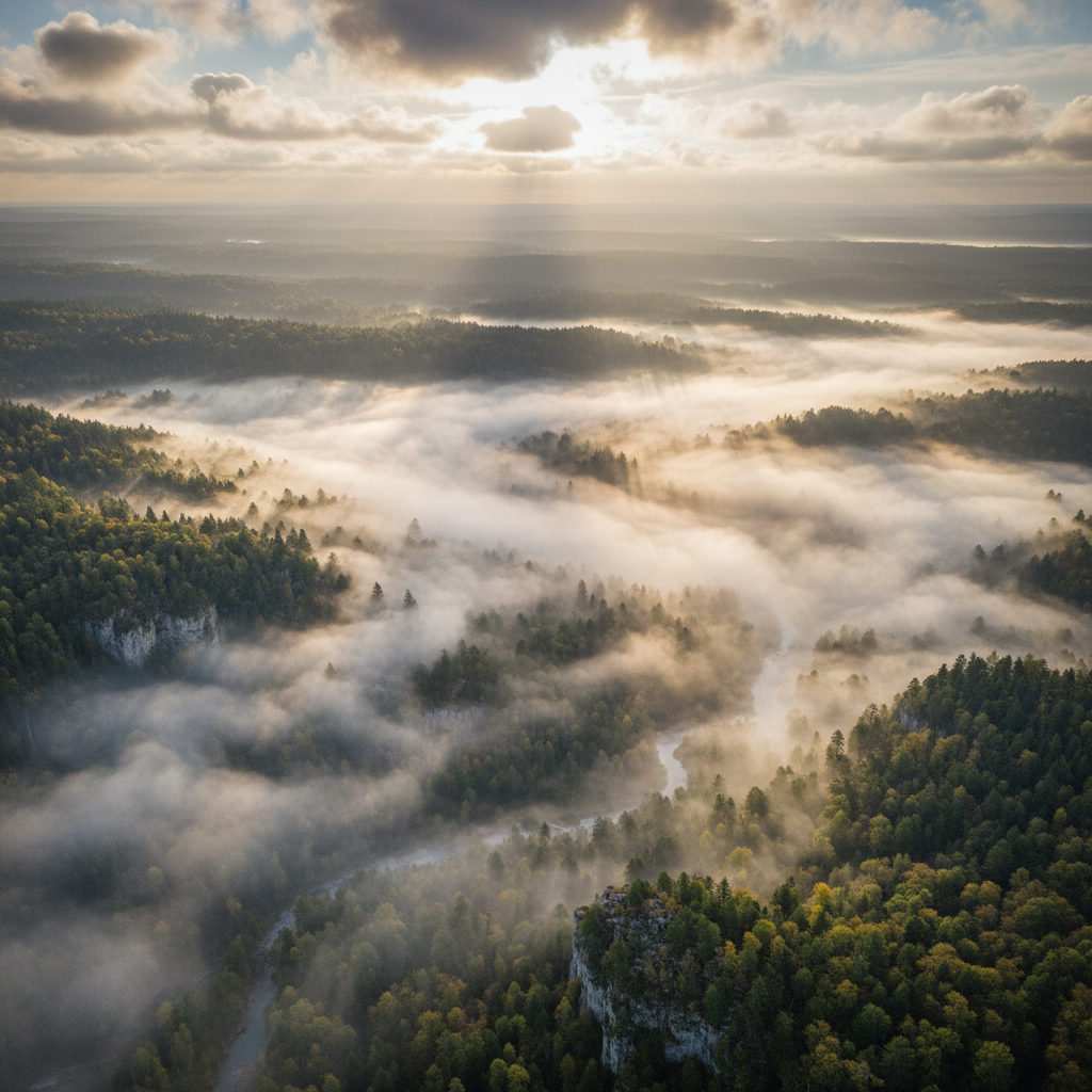 Aerial view of misty forest valley with morning light breaking through clouds