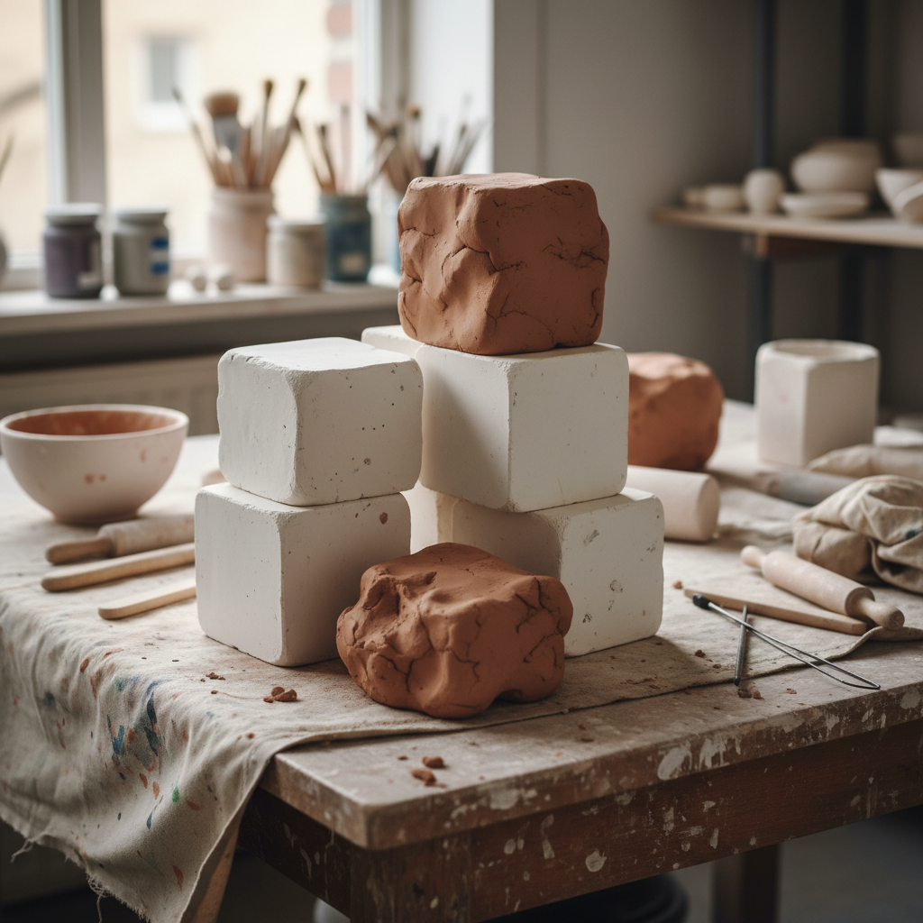 Blocks of white and terracotta air-dry clay stacked on a workshop table