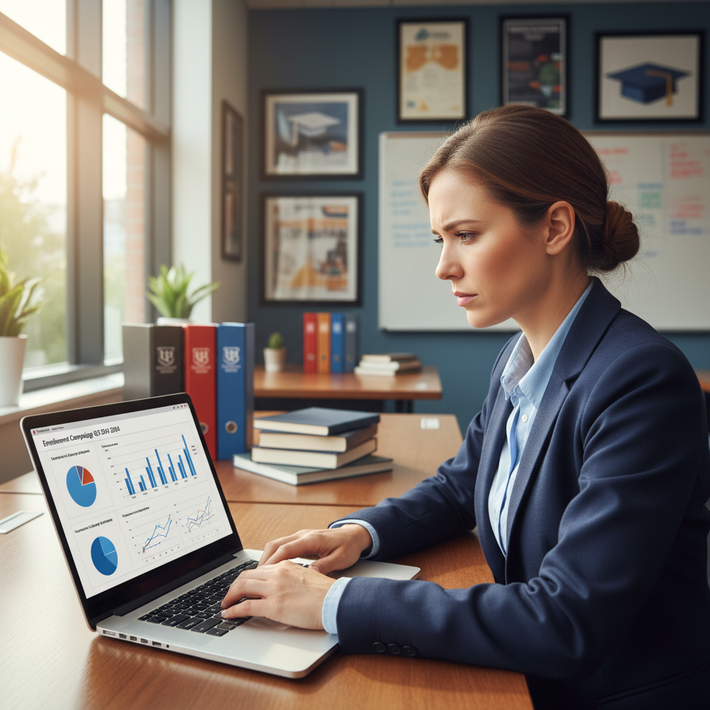 Email strategist reviewing enrollment campaign performance on laptop in university office