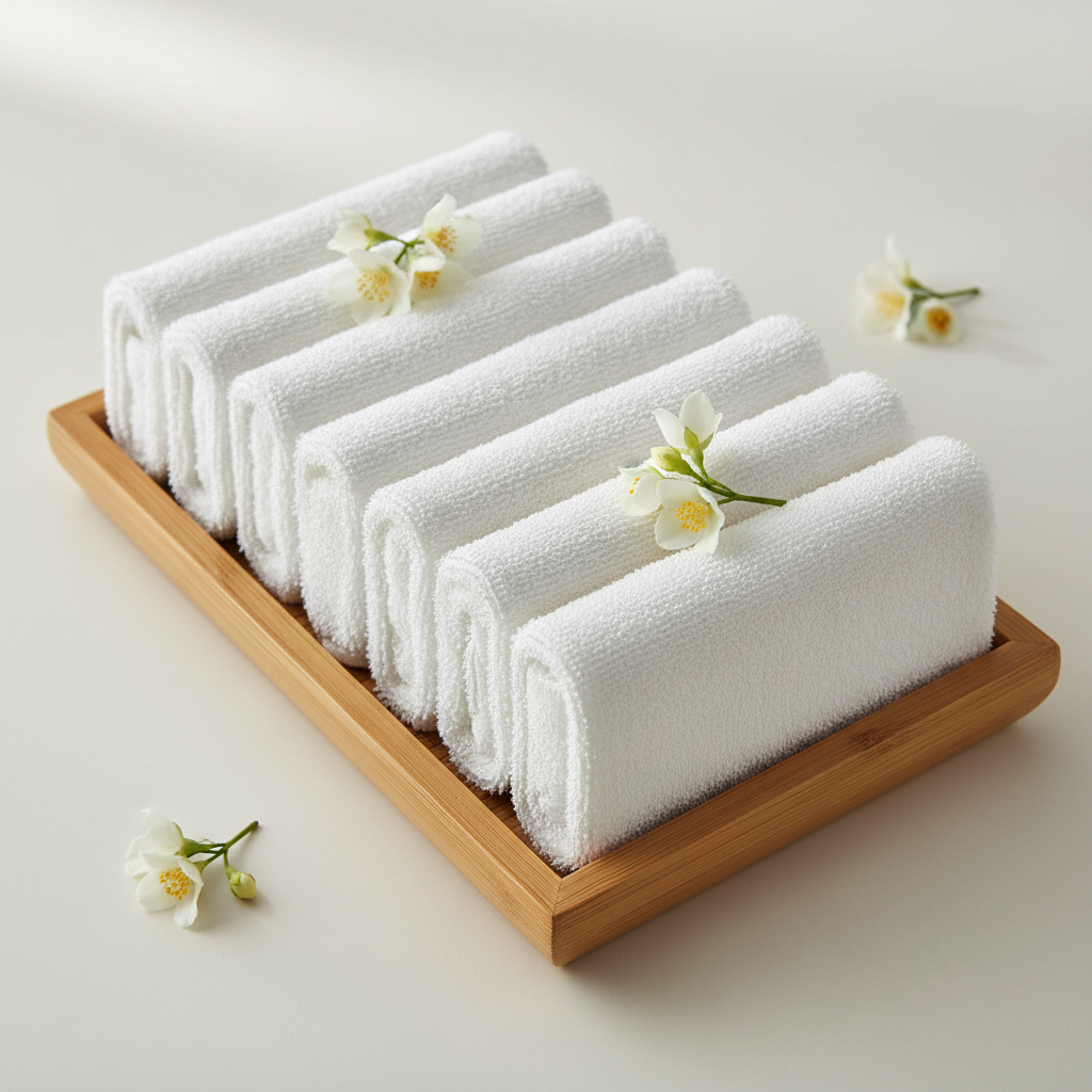 Scented welcome towels in bamboo tray with jasmine petals