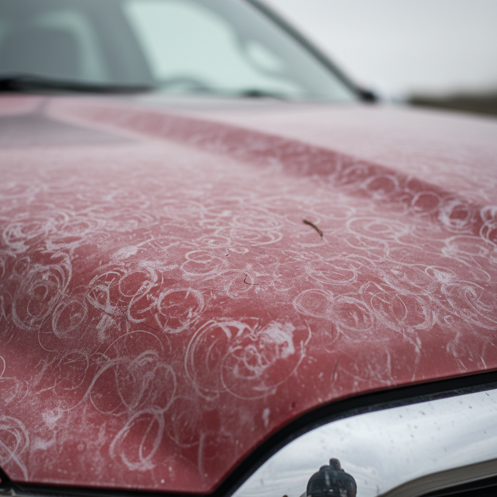 Before paint correction - oxidized automotive hood with swirl marks, water spots, and dull faded clear coat
